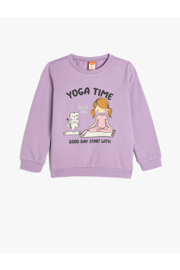 Print Detail Crew Neck Long Sleeve Cotton Raised Sweatshirt