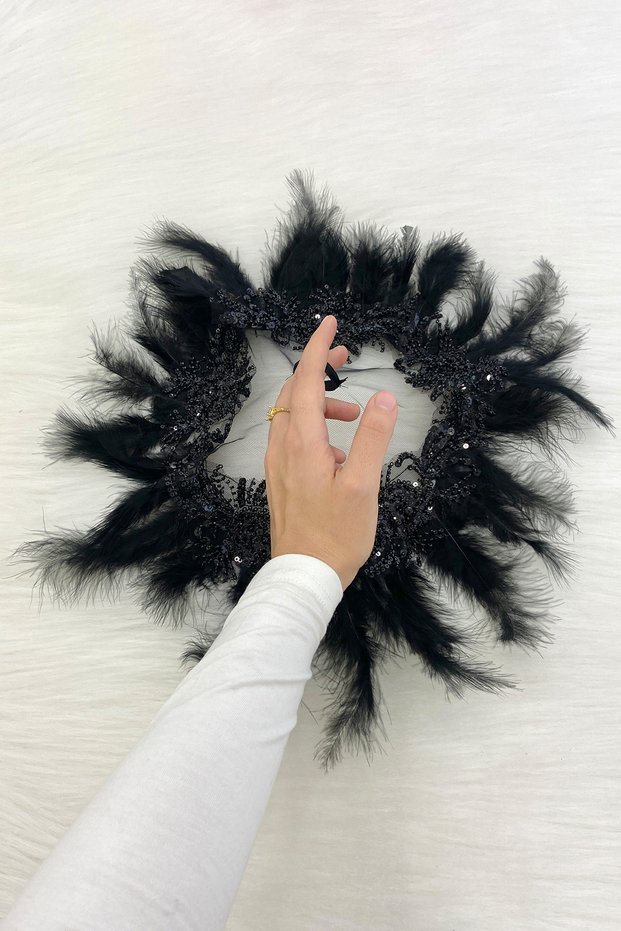 Black Vip Bridal Handkerchief, Beaded Pearl Sequins Feather Detailed Luxury Appliqued Groom Wedding Henna Circumcision Engagement