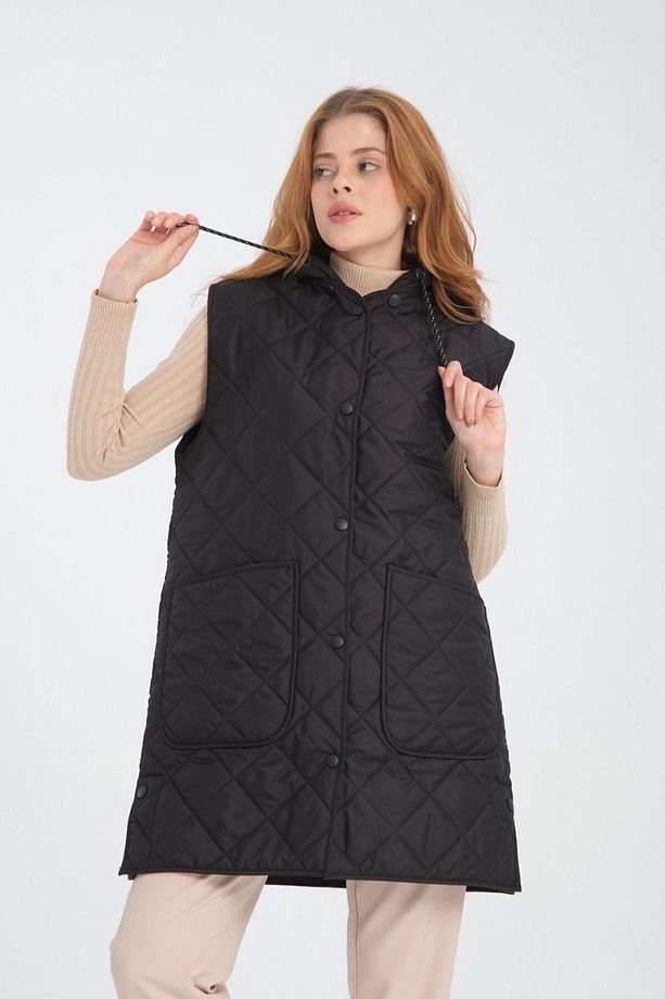 Kadın Çıkarılabilir Kapüşonlu Oversize Kapitone Kumaşlı Yırtmaçlı Yelek - 6