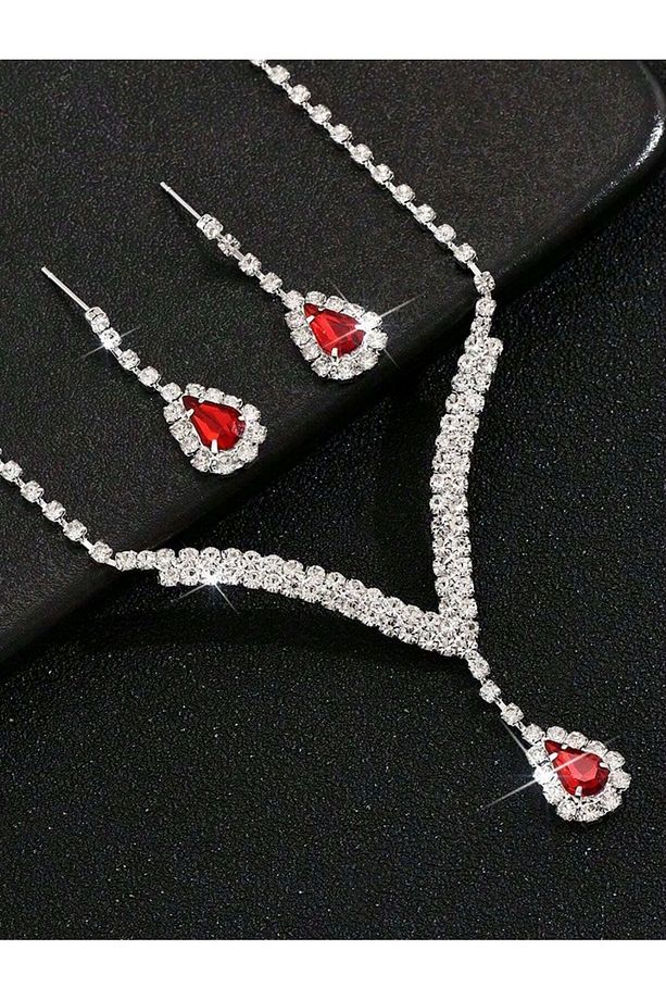 Red  Kolye Küpe Ve Bileklik Seti 2'lü Set Davet Düğün Nişan Abiye - 2