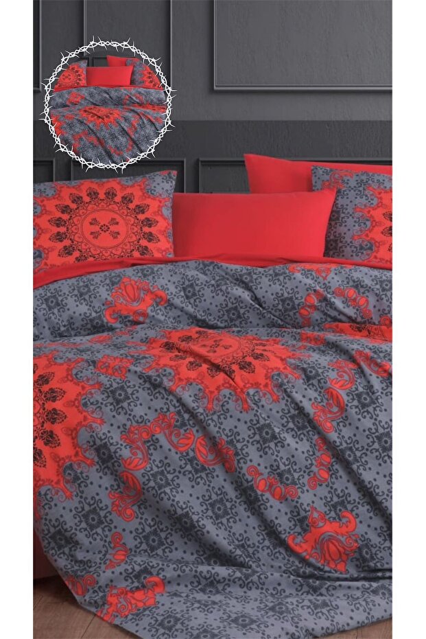 Double Cotton Duvet Cover Set - Aysima Grey and Red Bed Sheet, Pillow - Ranforce Fabric