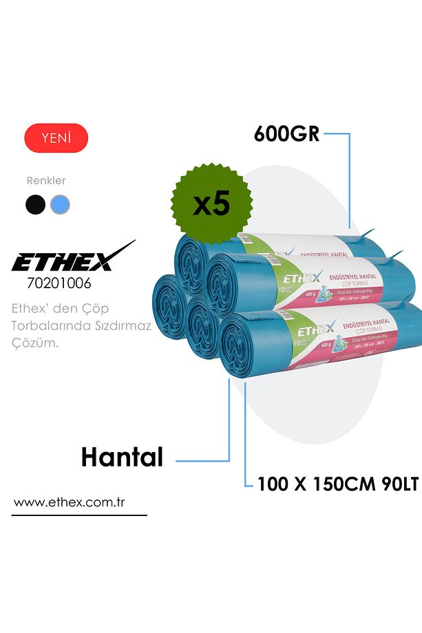 Endüstriyel Hantal Boy Çöp Torbası/poşeti (10 ADET 600GR 100 X 150CM 200LT MAVİ 5 RULO) - 1