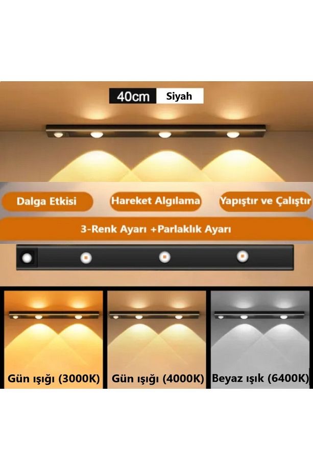 40cm Harekete Duyarlı Led Sensörlü Usb Şarj Dim Edilebilir Taşınabilir Mutfak, Dolap, Gece Lambası - 3