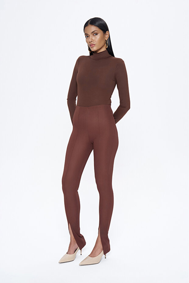 Elastische Taille Schlitz Hose Kaffee - 2