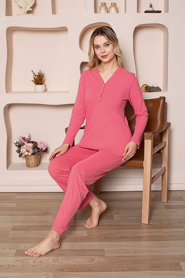 PEMBE YAKA DÜĞMELİ KADIN UZUN KOL PİJAMA TAKIMI - 2