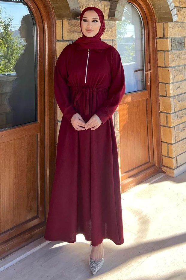 Ribbed Knitted Fabric Zipper Detailed Hijab Dress-Burgundy