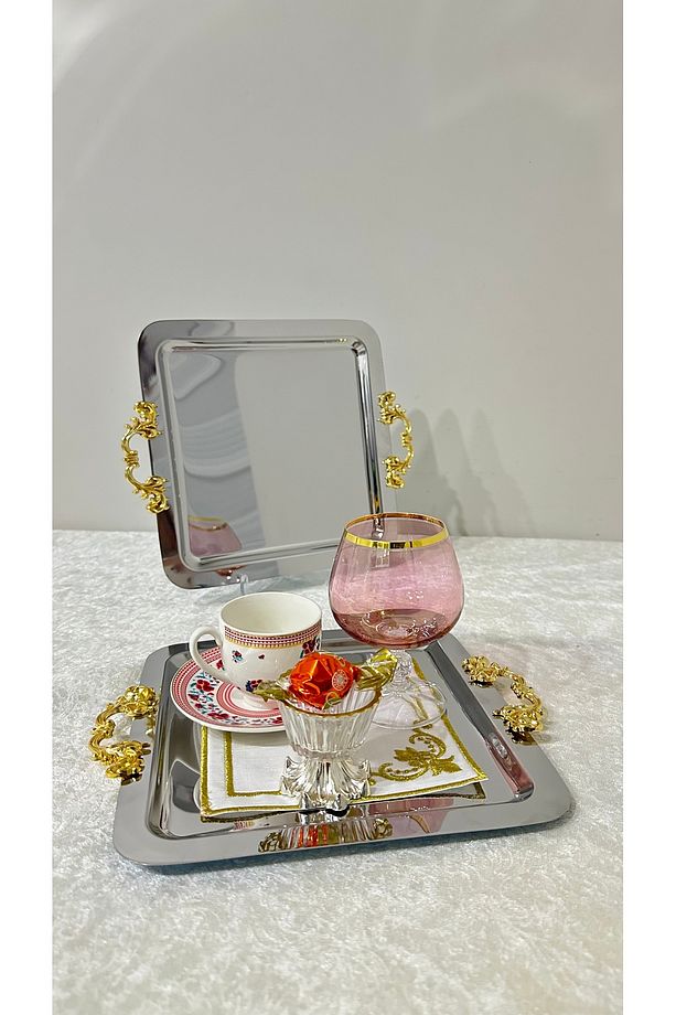 Tekli gold geçme kulp çelik kare kahve sunum tepsisi çıkarabilir kulp sade kullanılabilir - 3