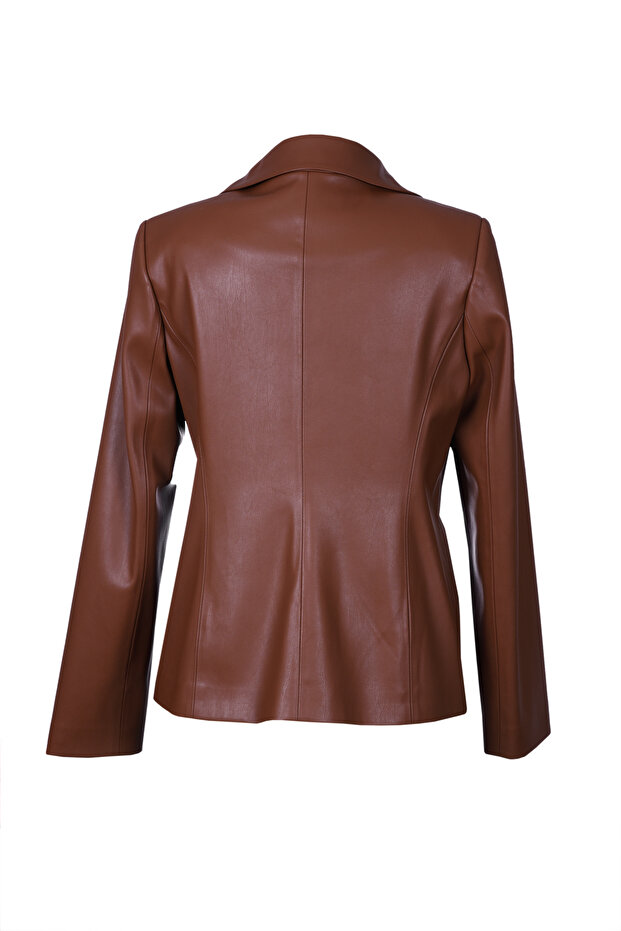 Taba Deri Blazer Ceket - 5