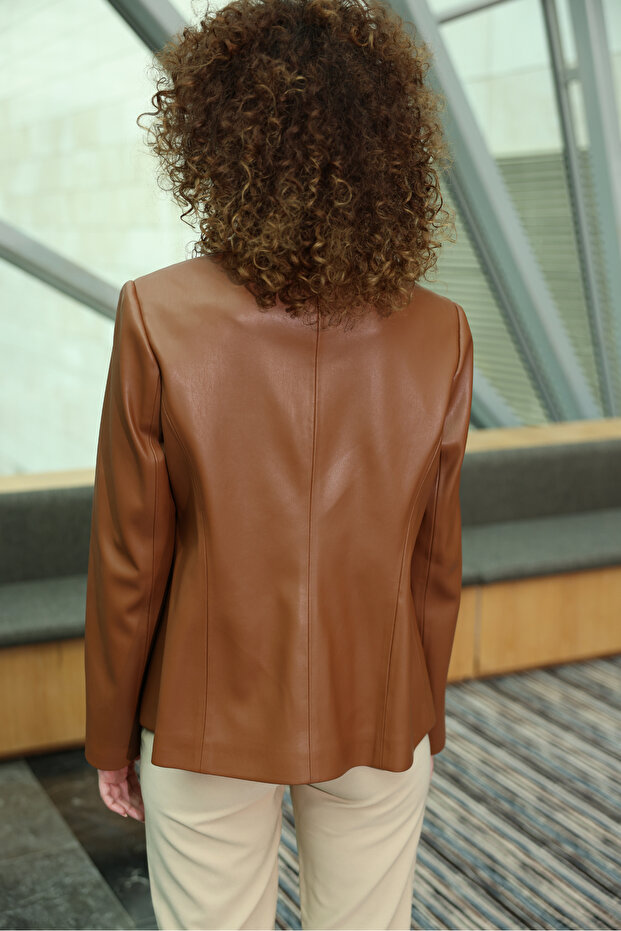 Taba Deri Blazer Ceket - 1