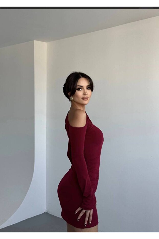 Kadın Tek Omzu Açık Büzgülü Sandy Elbise - 2