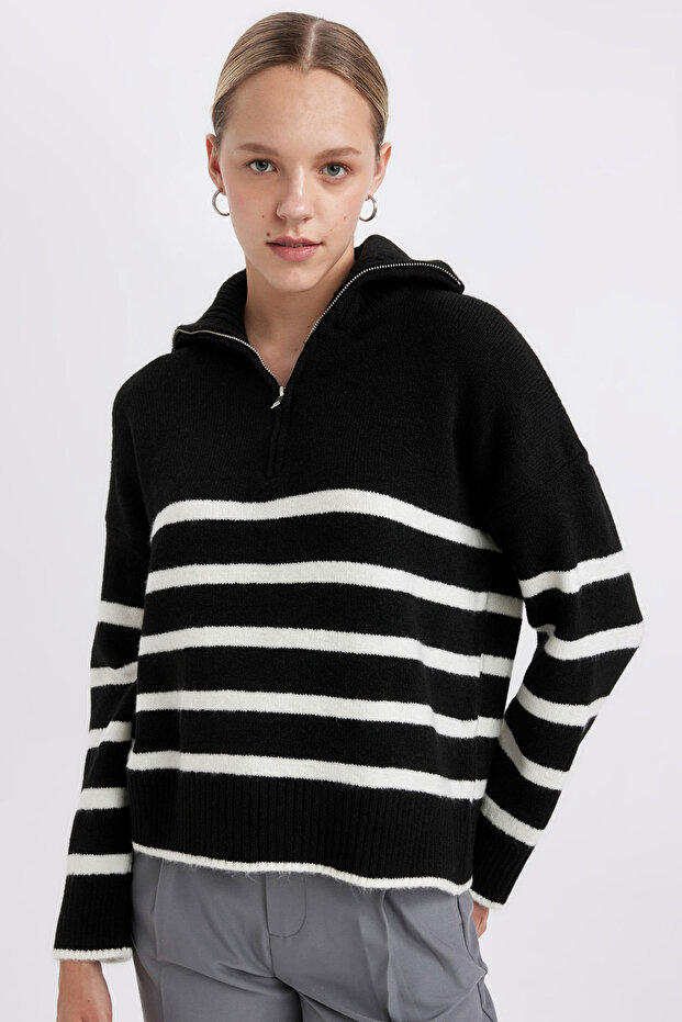 Oversized wide pattern striped half zipper Mock Neck knit sweater a7173ax24wnbk26