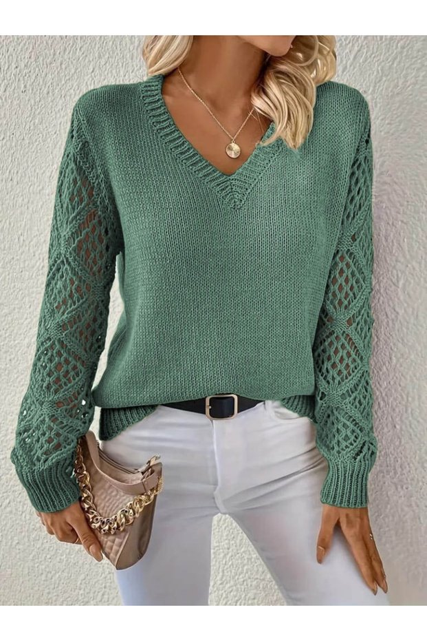 Sun&North Women's Long Sleeve V Neck Sleeve Hollowed Out Argyle Pattern Detail Knitwear Sweater