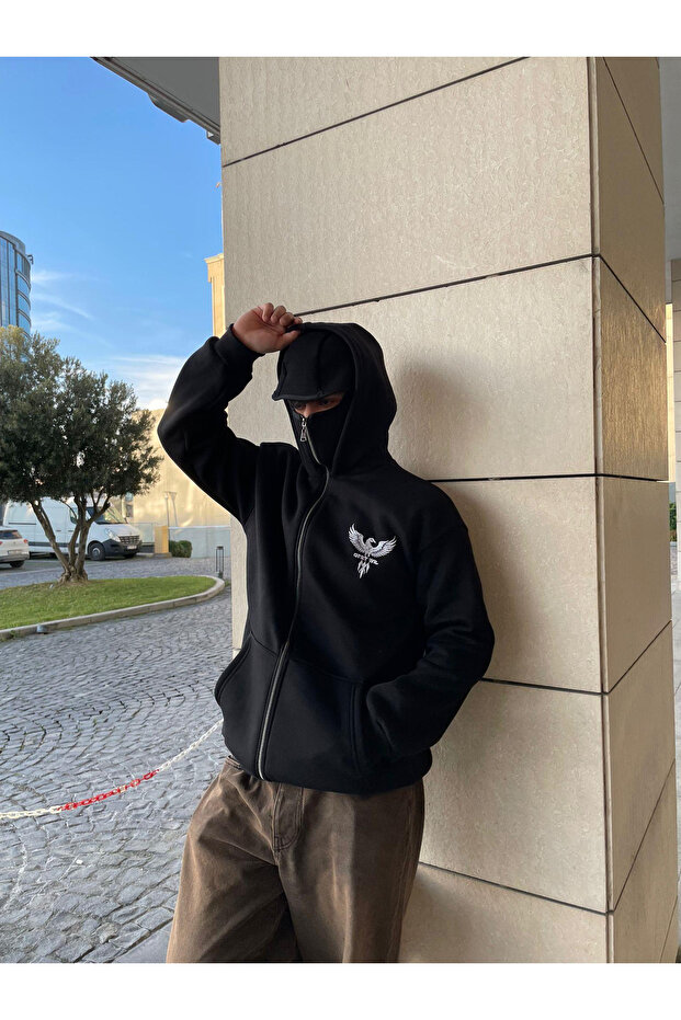 Black Unisex Snow Mask Samurai Hooded Printed Oversize Cardigan