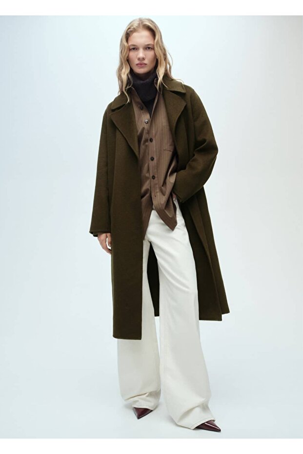 Ręcznie robiony długi płaszcz z paskiem - 2