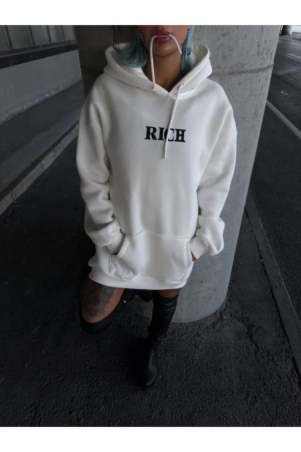 Long Sleeve Hooded Chest Printed Sweatshirt - White