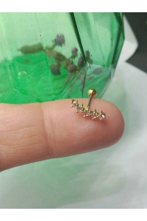 Cerrahi Çelik Zirkon 5 Taşlı Altın Tragus Helix Conch Piercing - 4