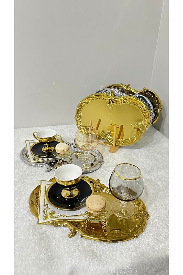 6'lı 3 Adet Gold 3 Adet Çelik Artnova Kahve Sunum Servis Tepsisi - 1