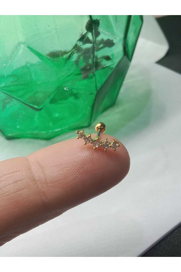 Cerrahi Çelik Zirkon 5 Taşlı Altın Tragus Helix Conch Piercing - 5
