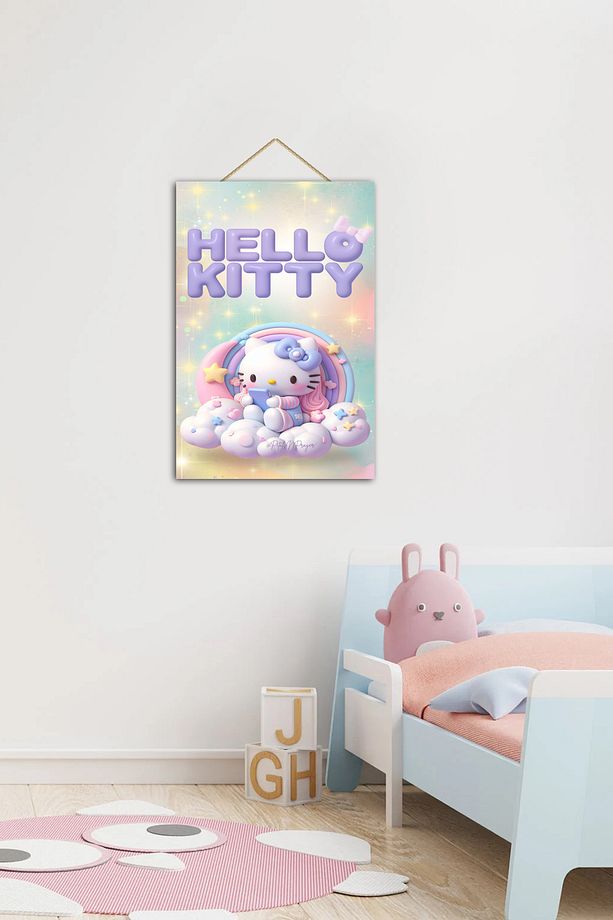Bulutların İçinde Oturan Hello Kitty  Çocuk ve Genç Odası Ahşap Duvar Tablosu - 1