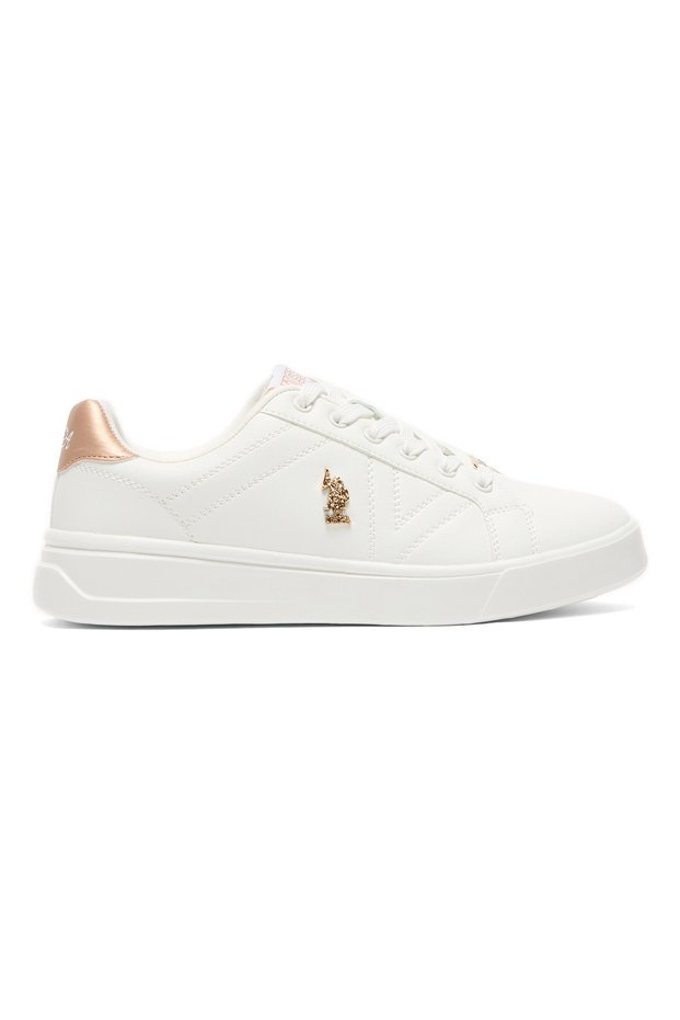 Women's White Low-Top Sneakers - Classic Style with Gold Accent and Cushioned Comfort Sole