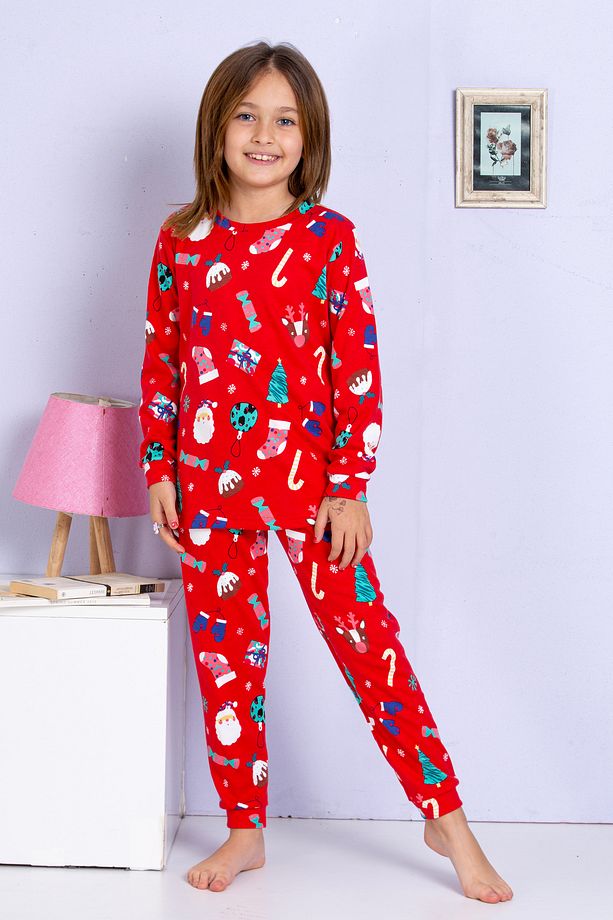 Kız Çocuk %100 Pamuklu Kırmızı Yılbaşı Temalı Pijama  Takımı - 2