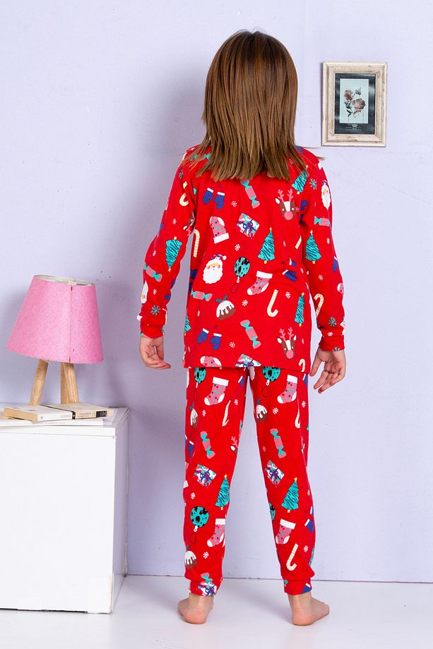 Kız Çocuk %100 Pamuklu Kırmızı Yılbaşı Temalı Pijama  Takımı - 4