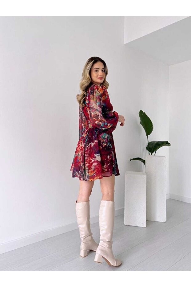 Çiçekli Şifon Elbise - 4