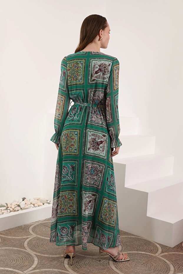 Şifon Kumaş Pach Desen Anvelop Kadın Elbise-yeşil - 2