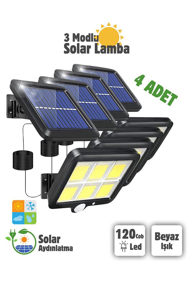 4 Adet 3 Modlu 120 Cob Led Solar Panel Güneş Enerjili Duvar Lambası Bahçe Lambası - 1