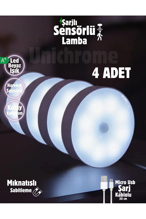 4 Adet Hareket Sensörlü 8 Ledli Usb Şarjlı Beyaz Led Işık On/auto/off Modlu Dolap Içi, Koridor - 1