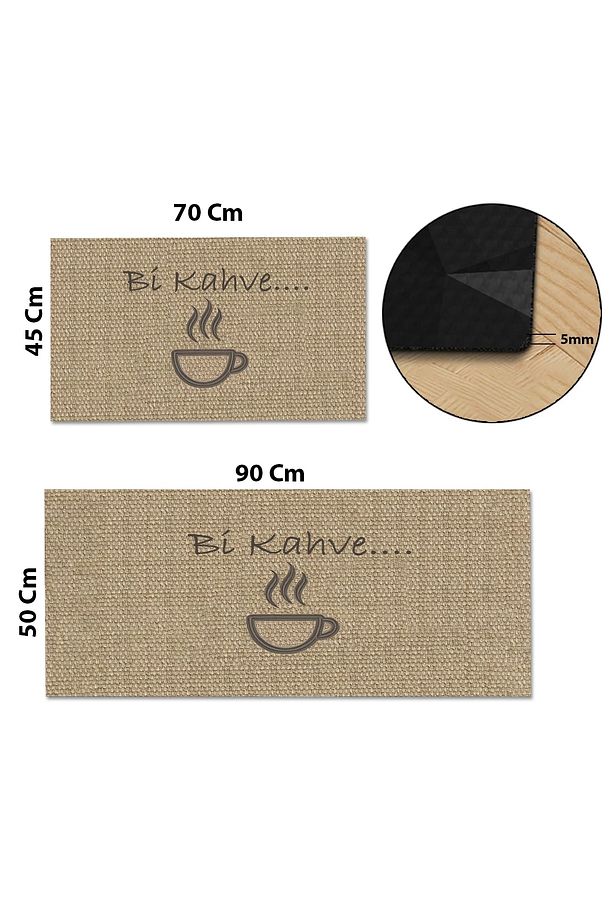 Bi Kahve Fincanlı Krem Rengi Mutfak Matı Halısı Yıkanır Kaymaz Taban Tezgah Önü Paspası İkili Set - 3