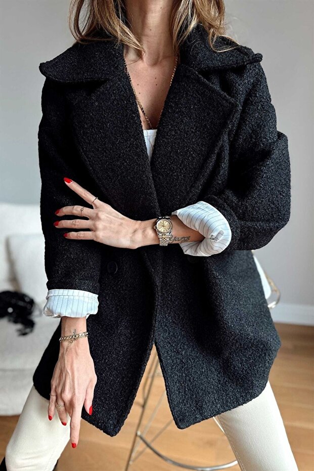 Oversize Single Button Plush Patterned Short Coat - 1