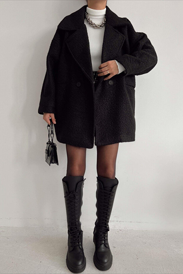 Oversize Single Button Plush Patterned Short Coat - 7