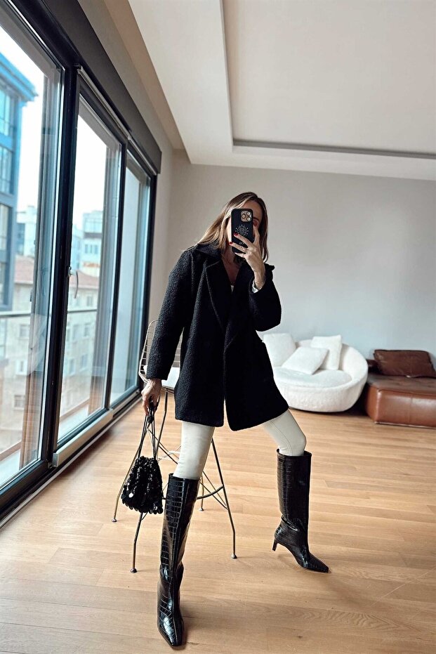 Oversize Single Button Plush Patterned Short Coat - 4