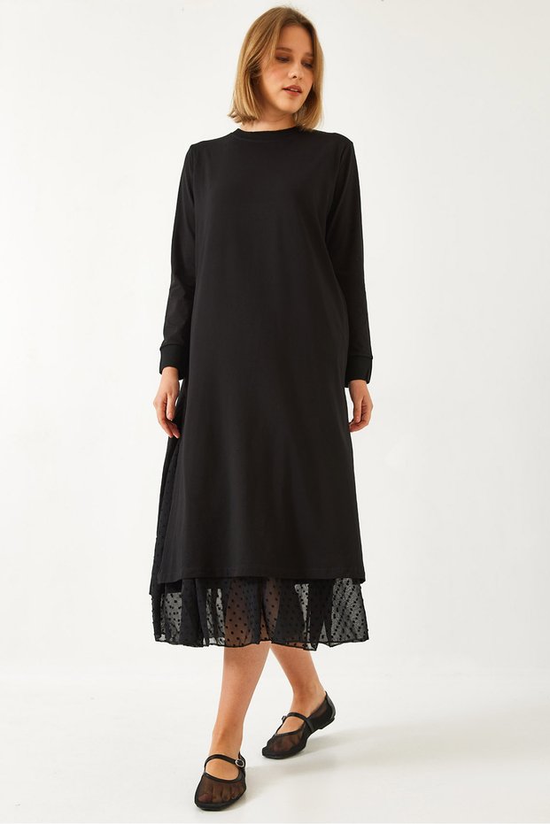 Women's Black Skirt with Tulle Detail Long Dress 60351346