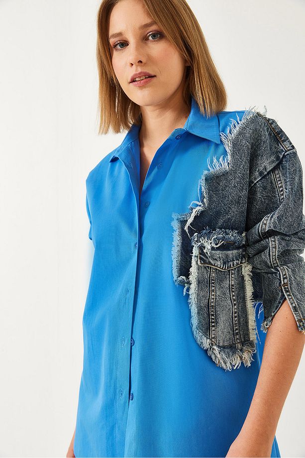 Kadın Denim Parçalı Tek Cepli Gömlek 2669 60351324 - 5