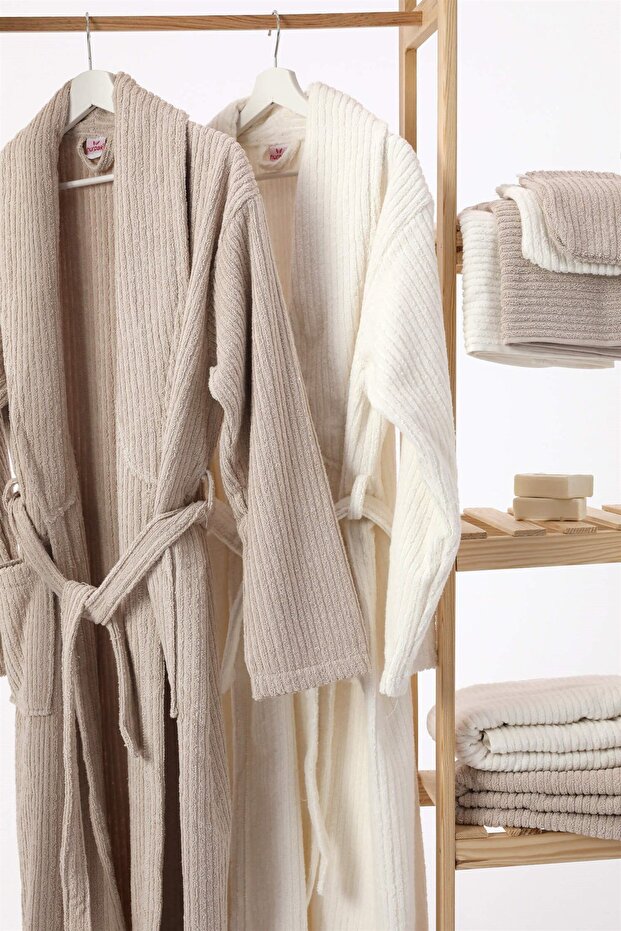 Ekol 8-piece cotton family bathrobe set - cream - coffee