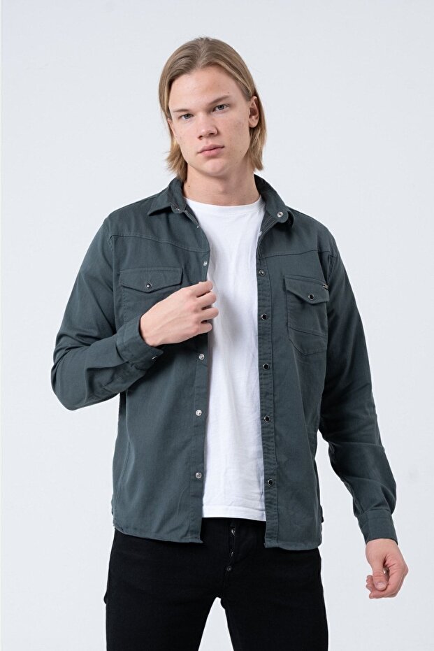 Men's Green Slim Fit Lycra Gabardine Shirt with Pockets