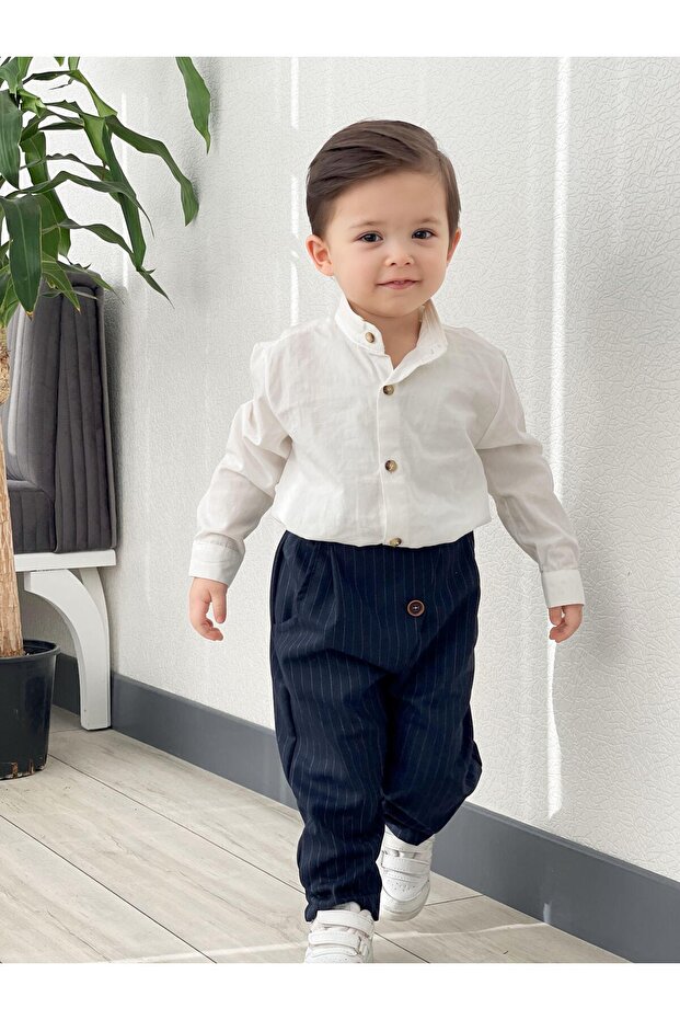 Navy Blue Striped Linen Suit Cotton
