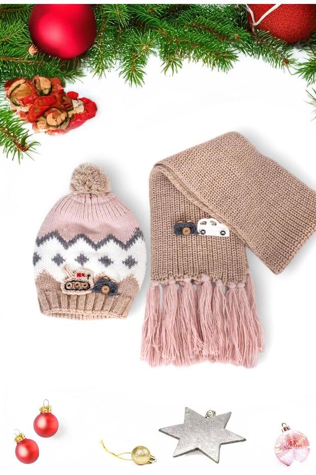 Camel Tank Embroidered 1-8 Years Old Children's Scarf and Beanie Set
