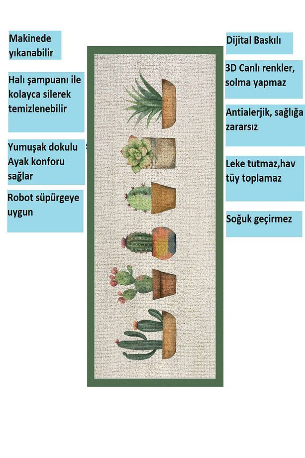 Yeşil Saksılar Desenli Kaymaz Taban Yıkanabilir Mutfak Halısı Yolluk - 2