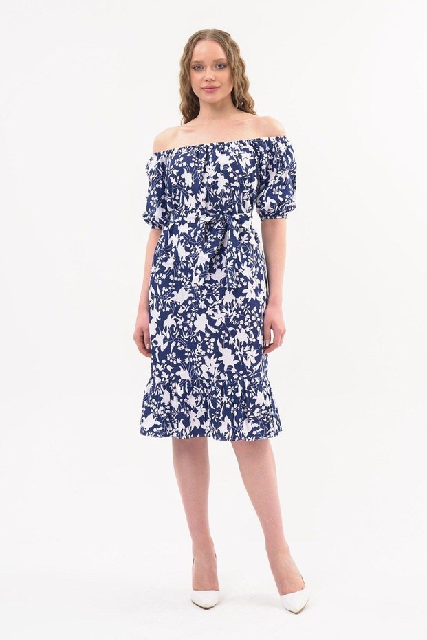 Apsen Women's Navy Blue Boat Neck Gathered Flounce Detailed Midi Summer Dress 4473-105