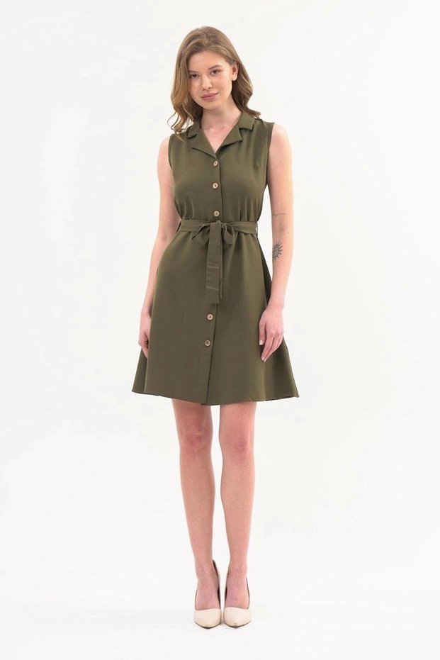 Apsen Women's Khaki Shirt Collar Buttoned Sleeveless Summer Short Dress 4330-95