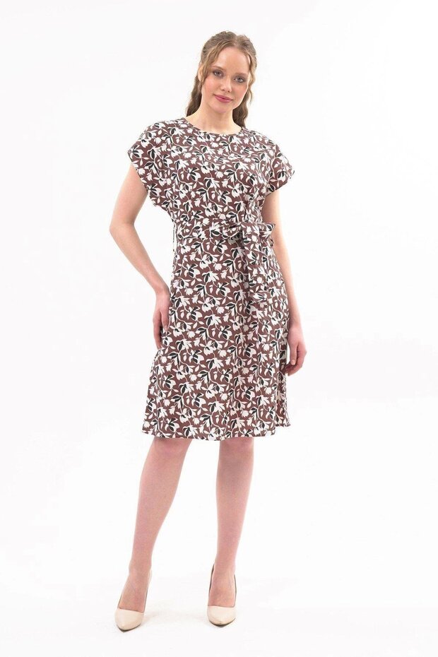 Apsen Women's Coffee Belted Crew Neck Off Shoulder Midi Dress4443-105