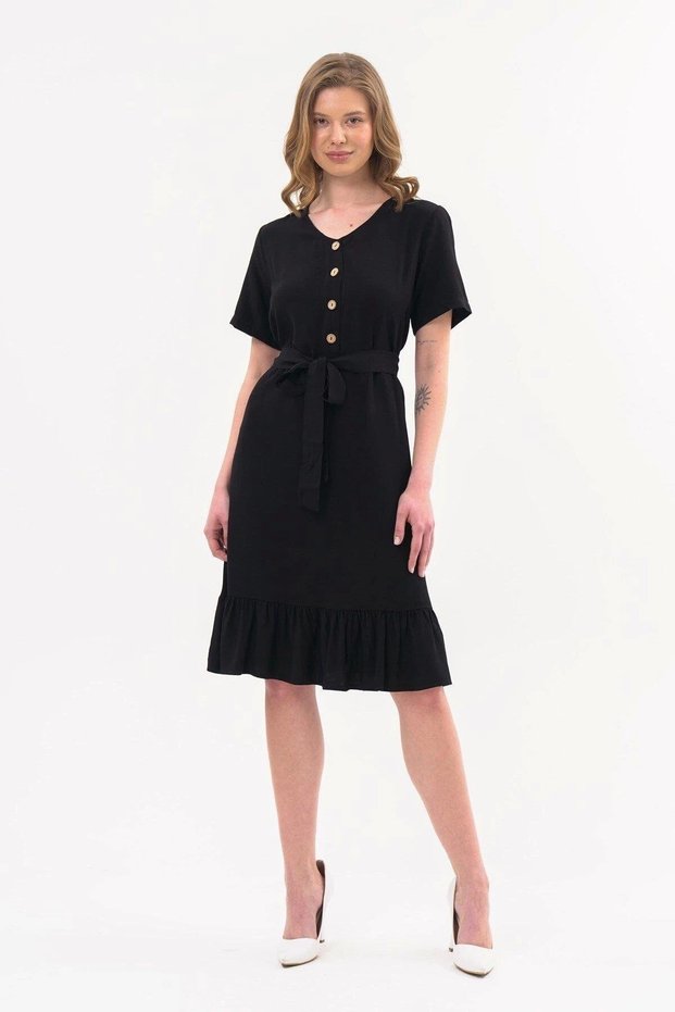 Apsen Women's Black Color Front Button Detailed Summer Midi Dress 4437-105