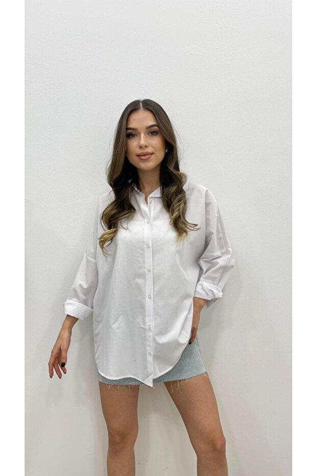 KADIN BEYAZ UZUN BASİC GÖMLEK - 3
