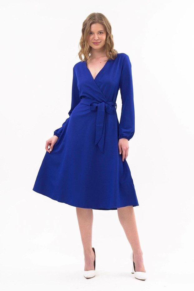 Apsen Women's Cobalt Tie Detail Double-Breasted Collar Midi Length Dress 4338-110