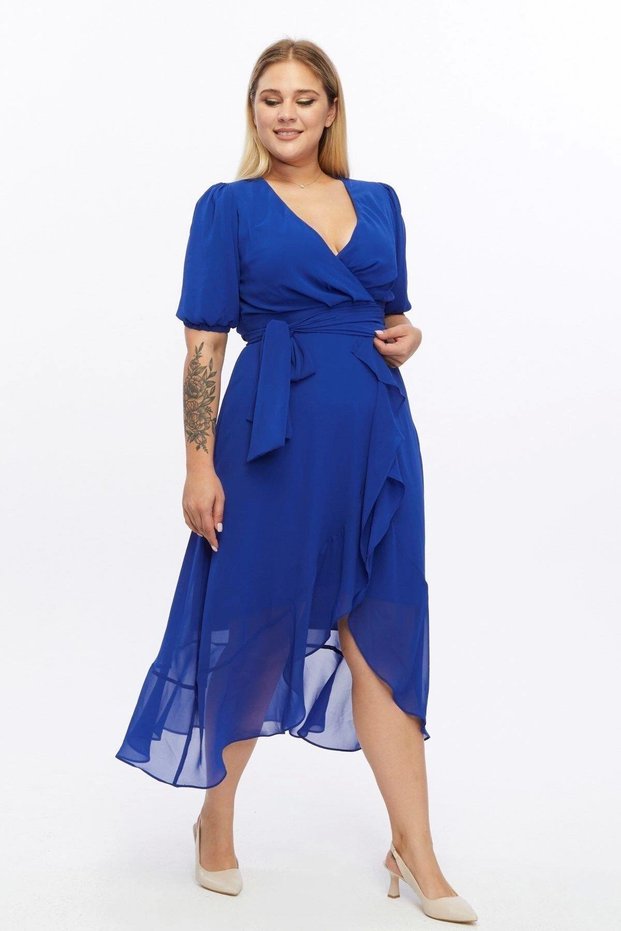 Apsen Women's 4495/130-44 Cobalt Blue Double Breasted Collar Belted Flounce Detailed Plus Size Chiffon Dress