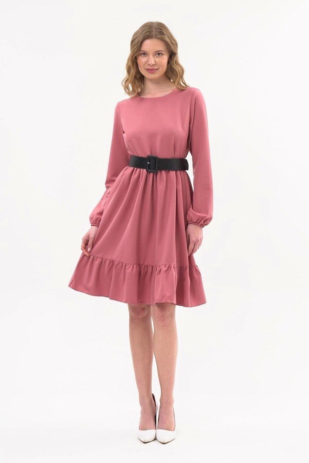Apsen Women's Dusty Rose Skirt Ruffled Crew Neck Belt Detailed Dress 4345-100
