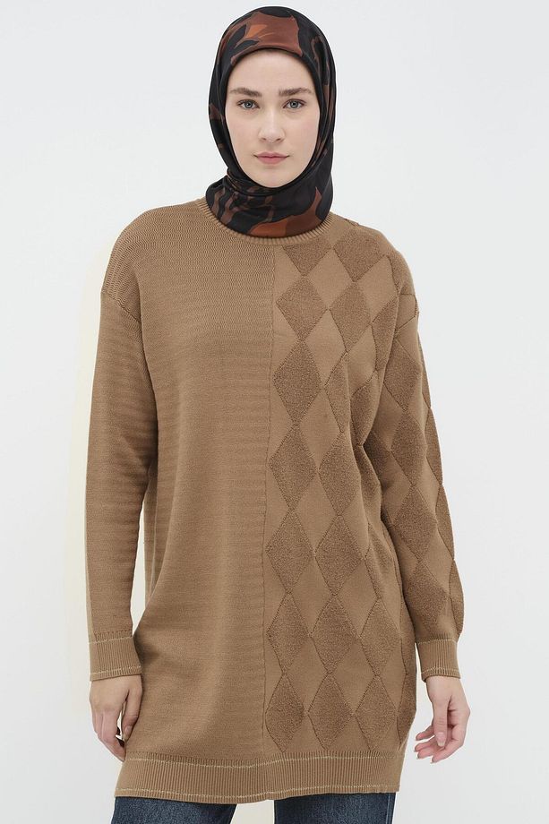 Baklava Desen Triko Tunik - Camel - 1